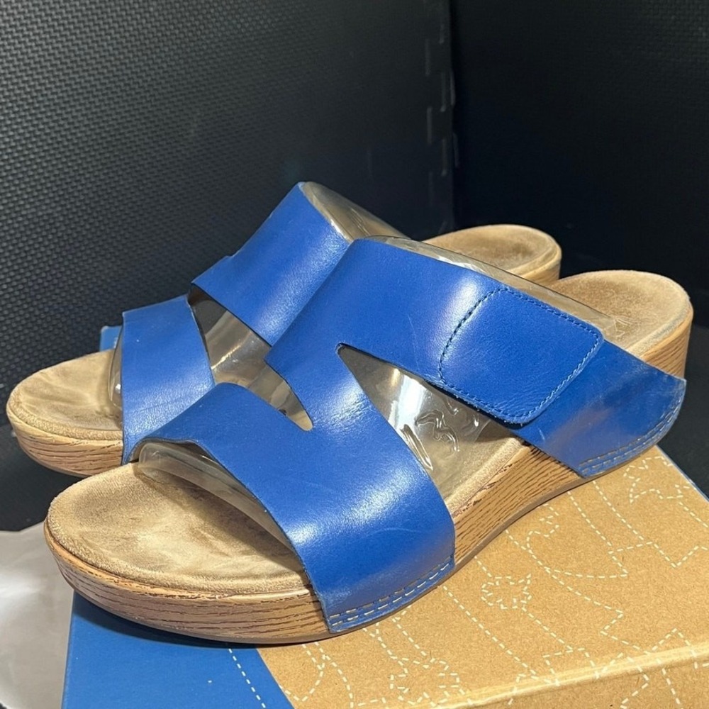 Dansko Slide Sandals Womens 40 Blue Leather Wedge Heel Adjustable Straps